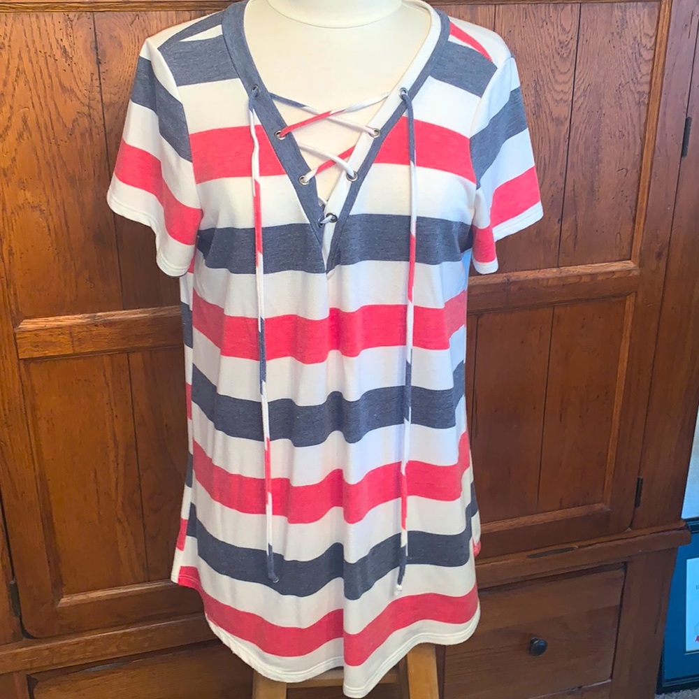 VERY🇺🇸Cute RED WHITE & BLUE Stripes Americana Patriotic Top❤️🤍💙Large Women’s